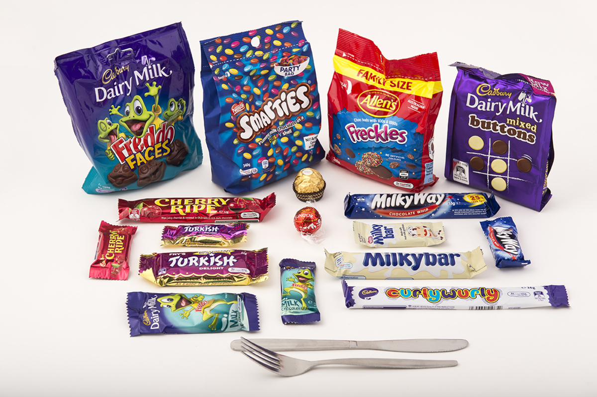 Australian chocolates (curly, milky bar, milky way, freckles, smarties)
